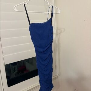 Blue One-Shoulder Ruched Dress